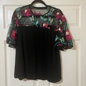Kim & Cami Black Top with Floral Embroidery